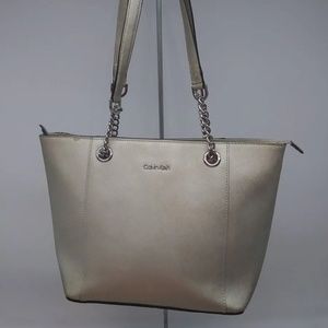 Calvin Klein Metallic Pale Gold Saffiano Leather Medium Tote Handbag Purse